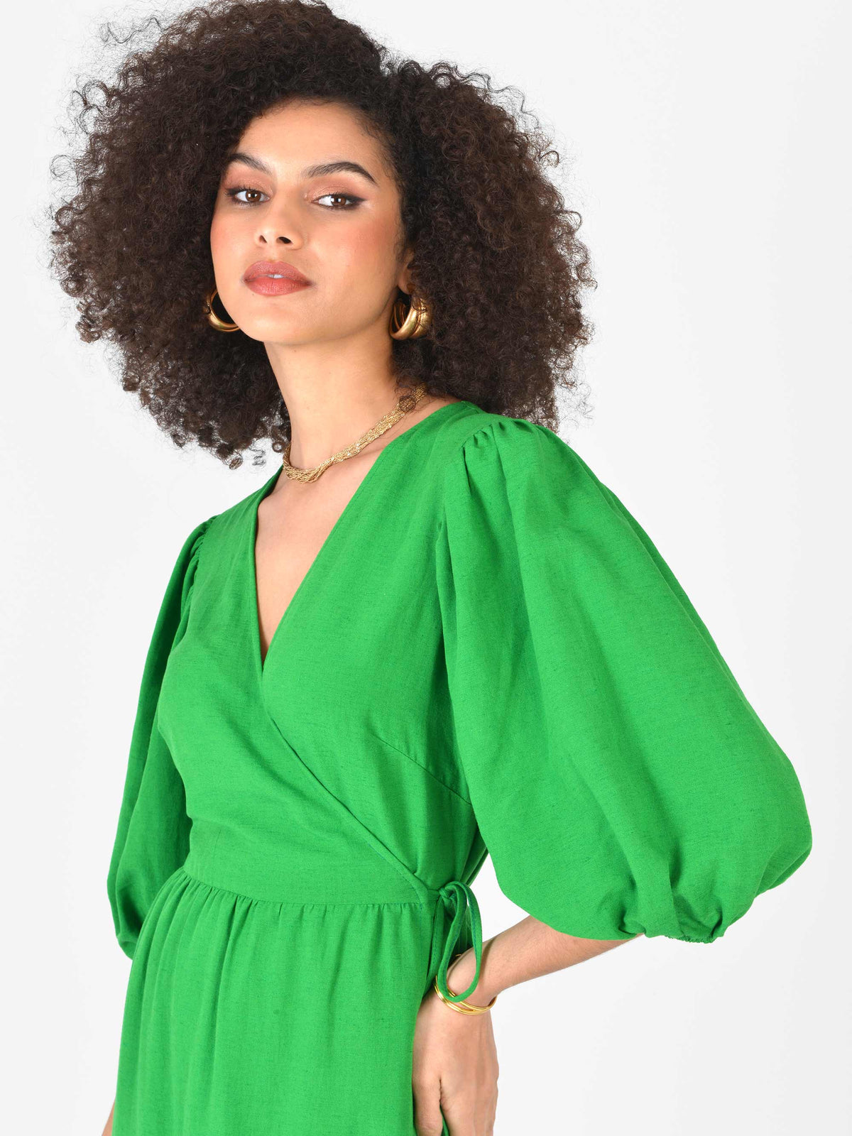 Linen Puff Sleeve Wrap Dress