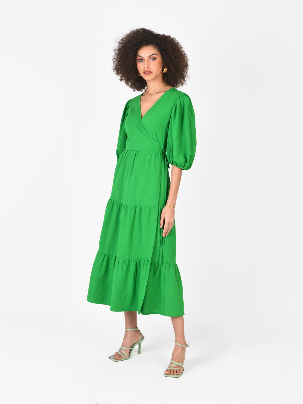 Ralaxed V Neck Button Up Puff Sleeve Linen Blend Midi Dress - Off