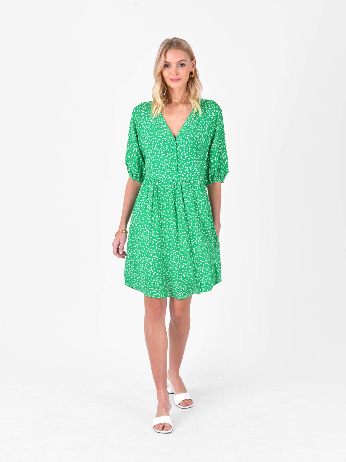 Green Ditsy Raglan Sleeve Short Dress