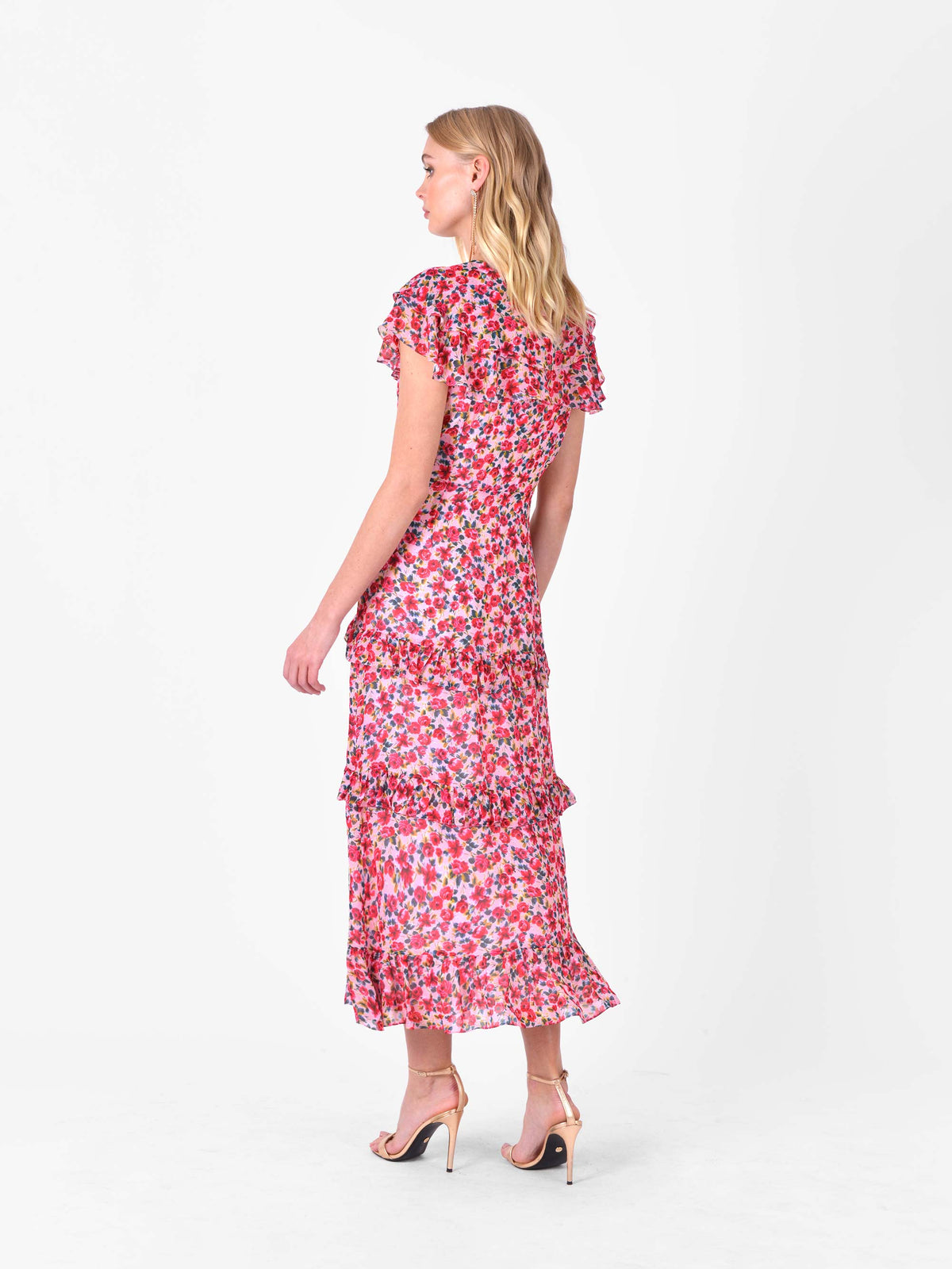 Rose Print Shoulder Frill Tiered Maxi Dress