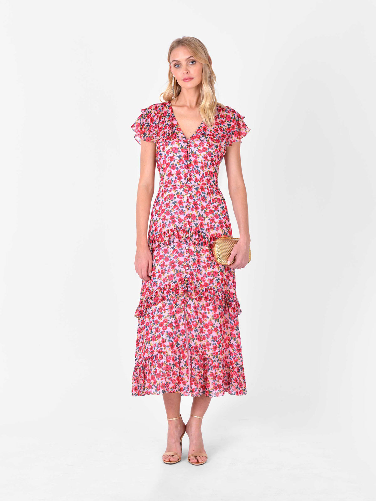 Rose Print Shoulder Frill Tiered Maxi Dress