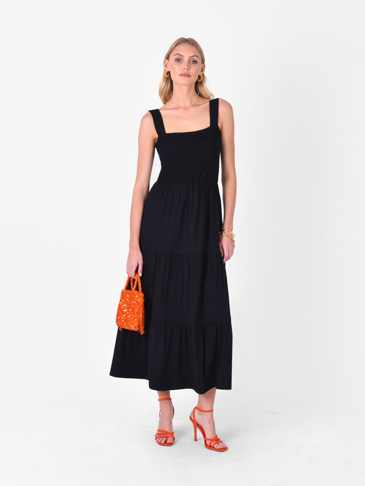 Black Jersey Shirred Bodice Midi Dress