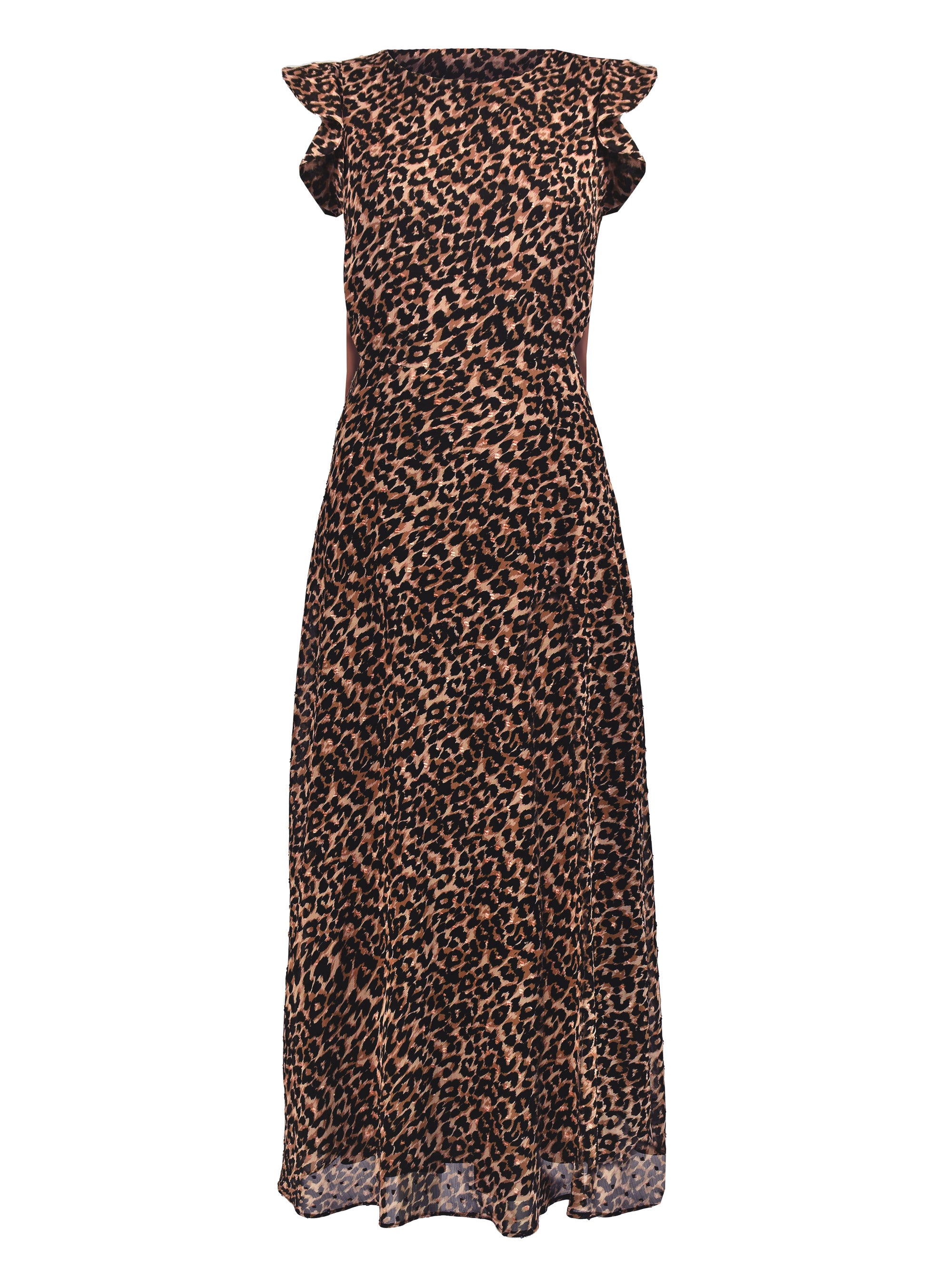 Tan leopard print cowl neck outlet frill split midi dress