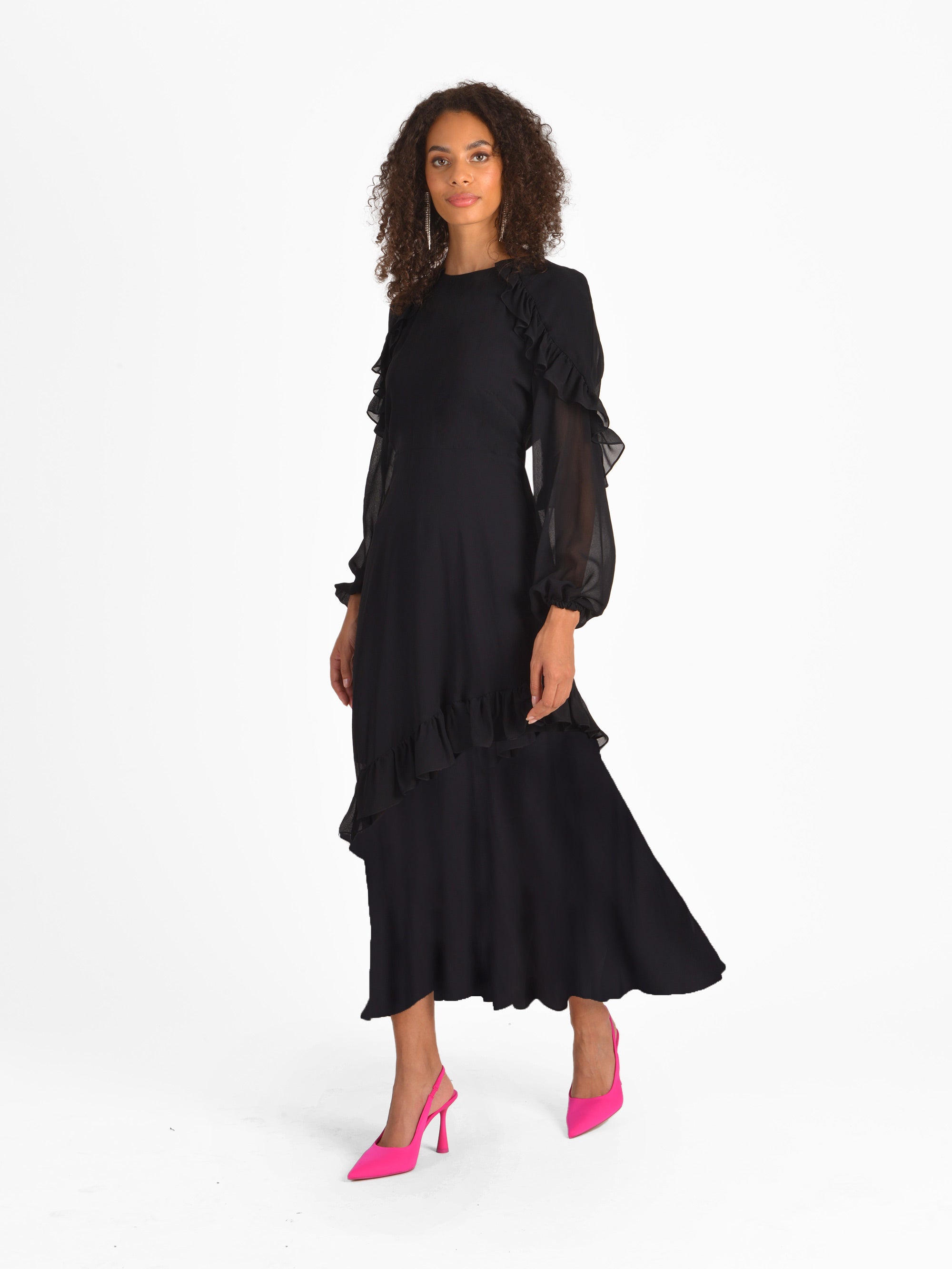 Ruffle midi shop dress long sleeve