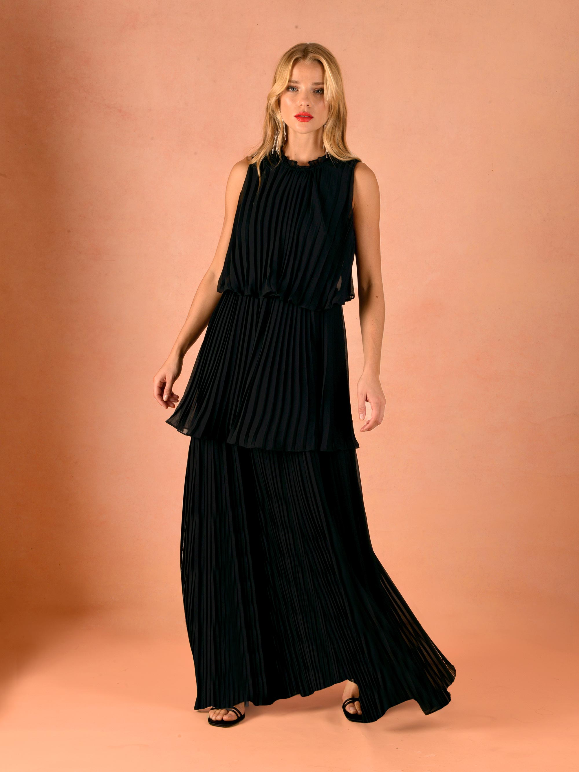 Pleated tiered shop maxi dress