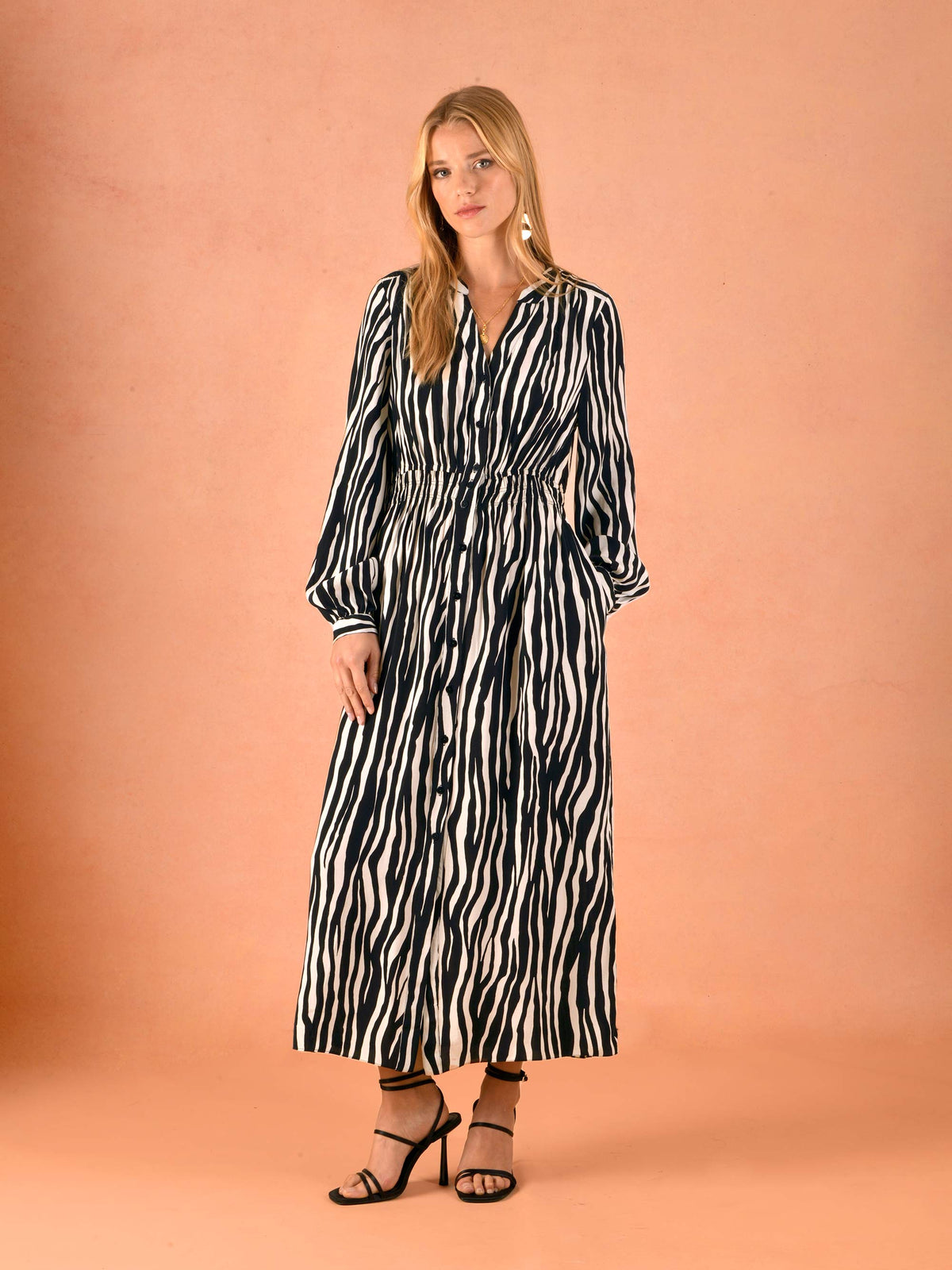 Zebra Print Shirred Waist Shirt Dress