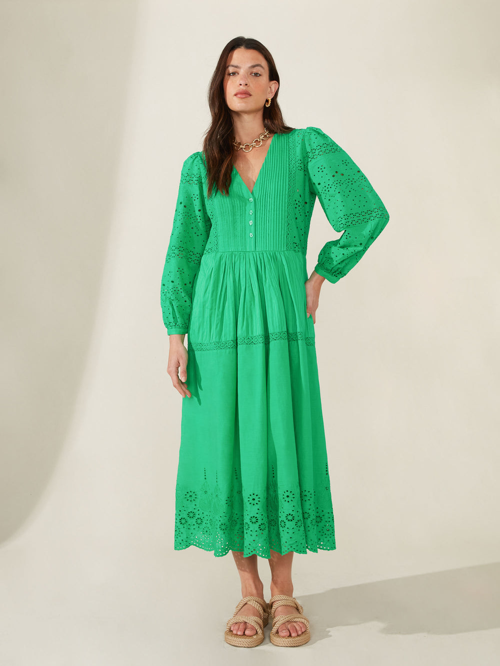 Green Pintuck Detail Broderie Midi Dress – Ro&Zo