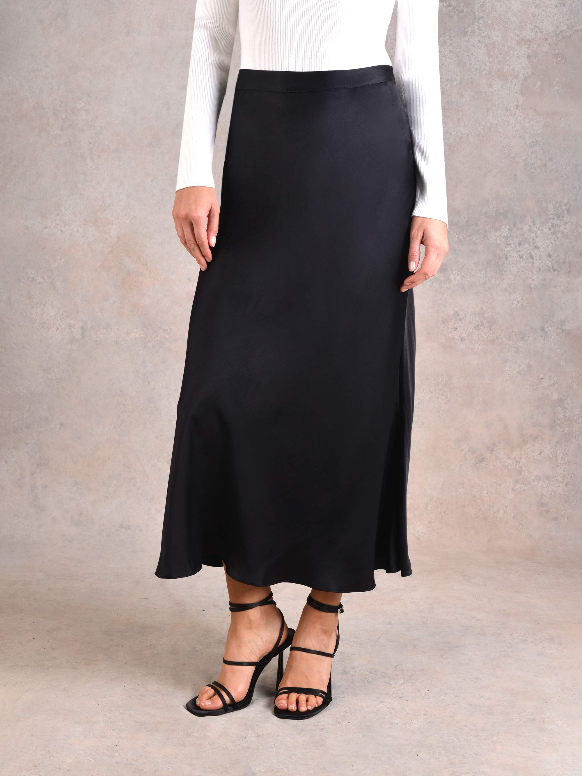 Calf length shop black satin skirt