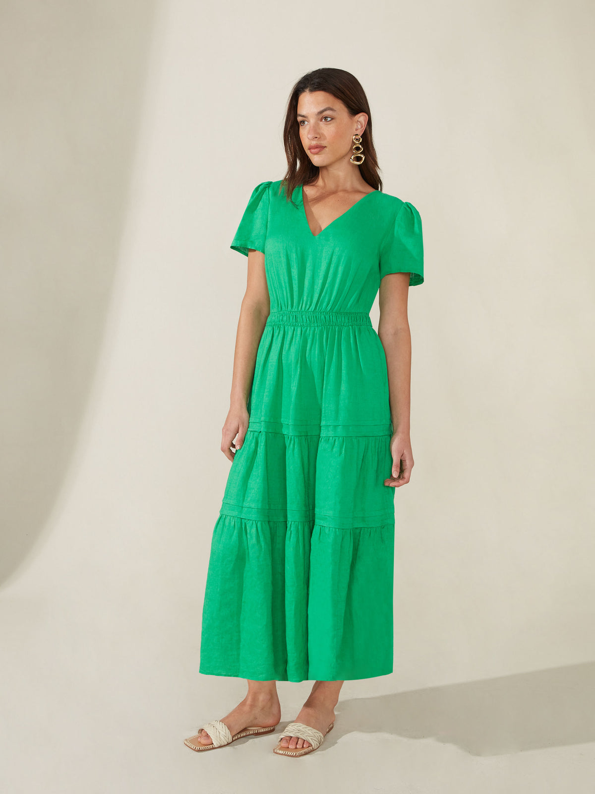 Linen Shirred Waist Midi Dress
