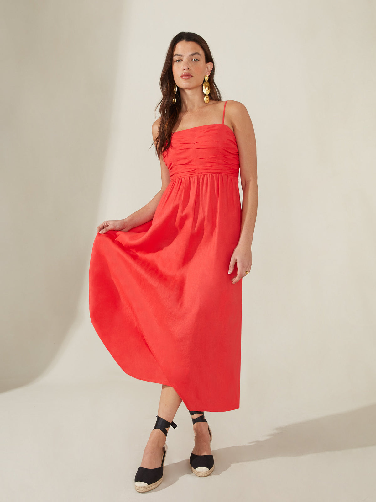 Red Strappy Linen Midi Dress