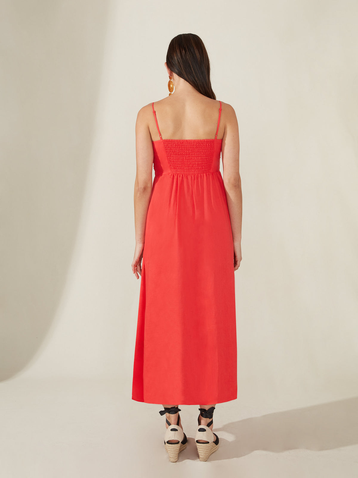 Red Strappy Linen Midi Dress