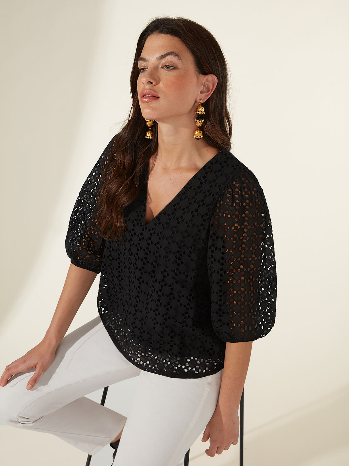 Broderie Anglaise V Neck Top