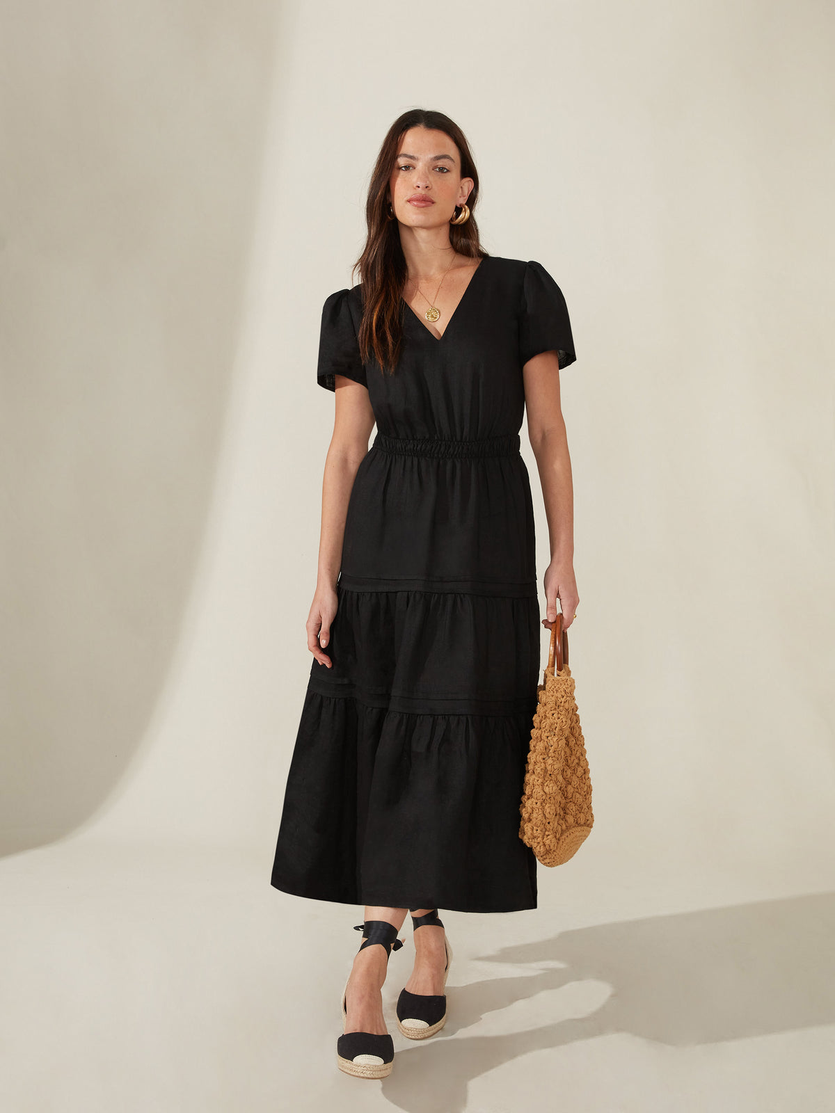 Black Linen Shirred Waist Midi Dress