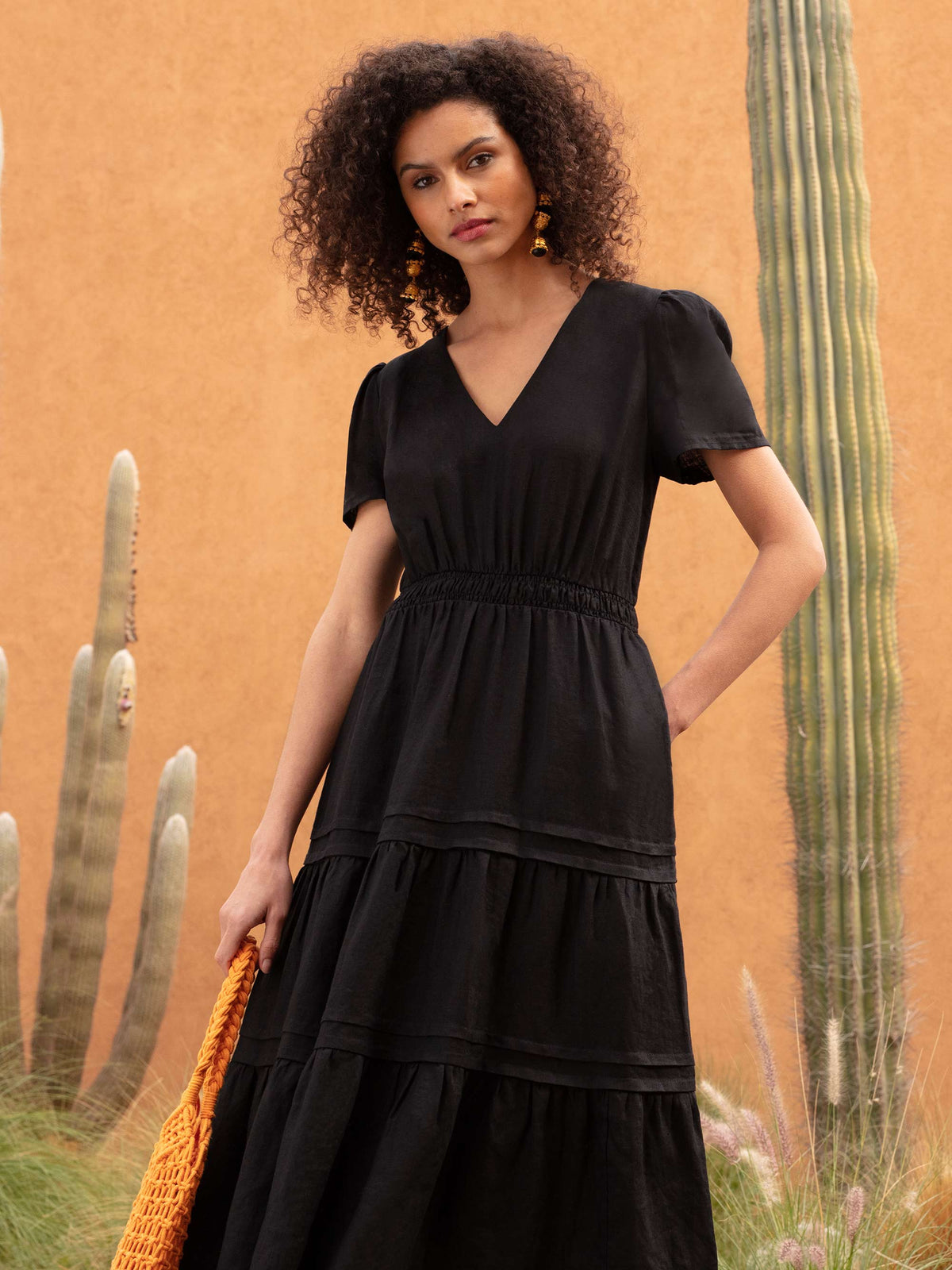Black Linen Shirred Waist Midi Dress