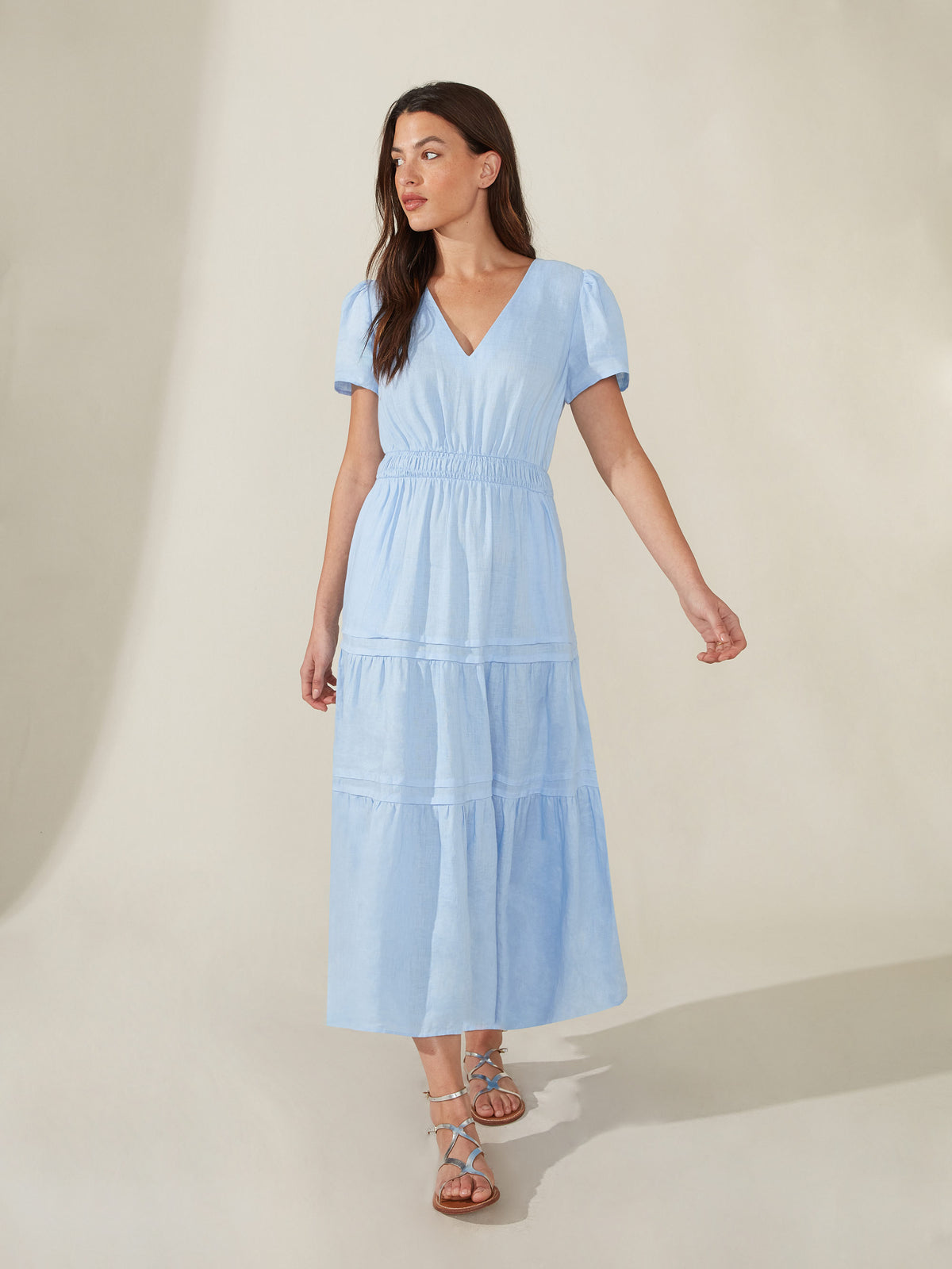 Blue Linen Shirred Waist Midi Dress