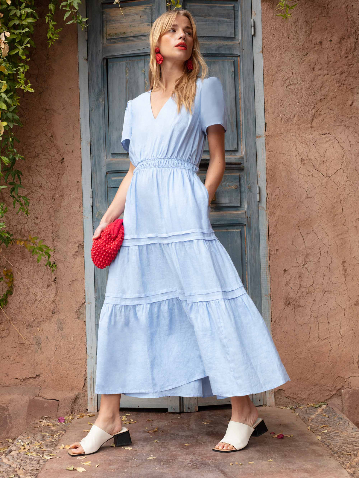 Blue Linen Shirred Waist Midi Dress