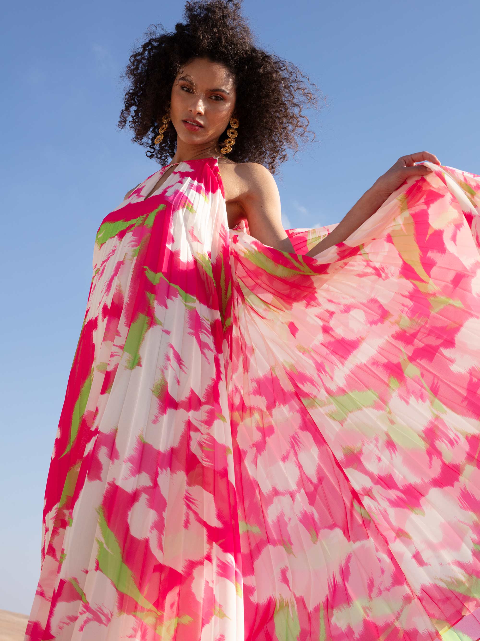 Pink floral 2024 pleated dress