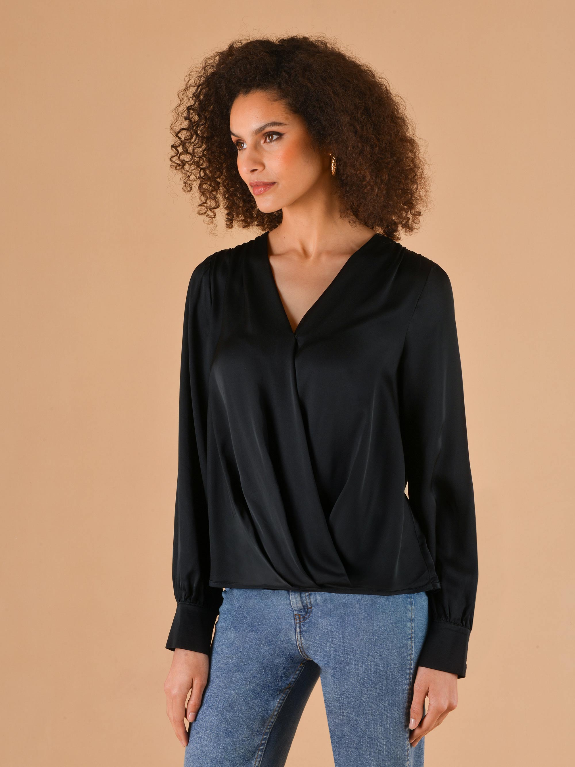 Black satin wrap sales top