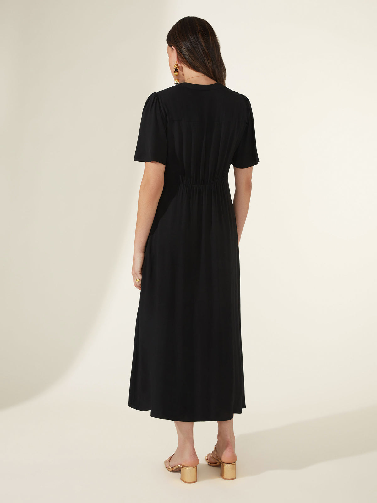 Black Shirred Shoulder Shirt Dress