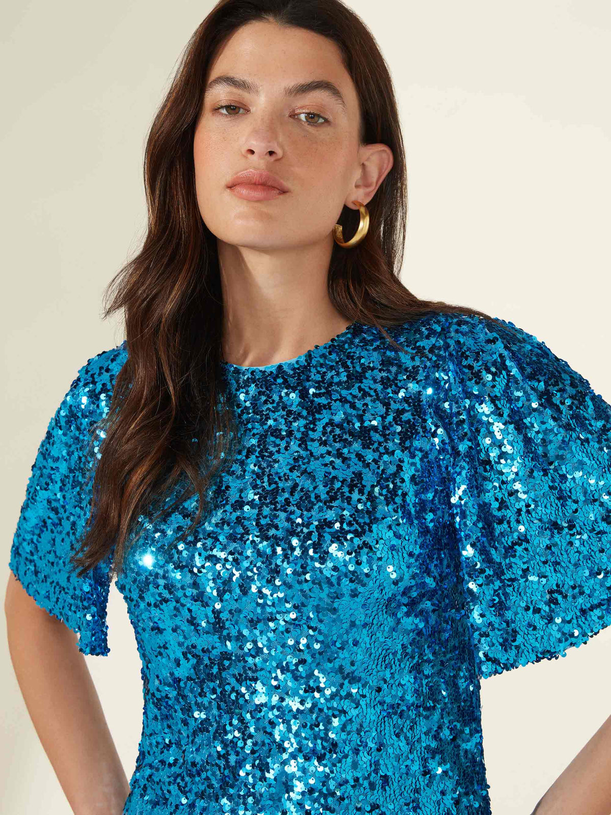 Blue Flutter Sleeve Sequin Dress